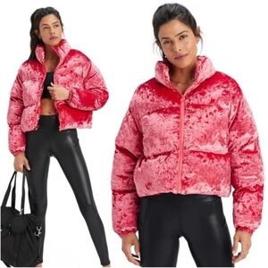 Fabletics Wander Crushed Velour Cropped Puffer Jacket Pink Strawberry